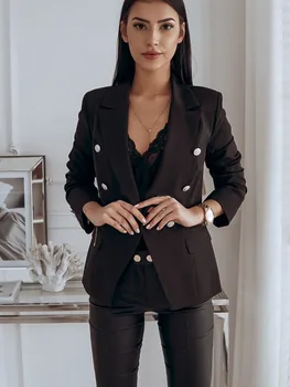 

Hirigin 2019 Autumn Fashion Women V Neck Double Breasted Long Sleeve Office Lady Military Style OL Blazer Tops