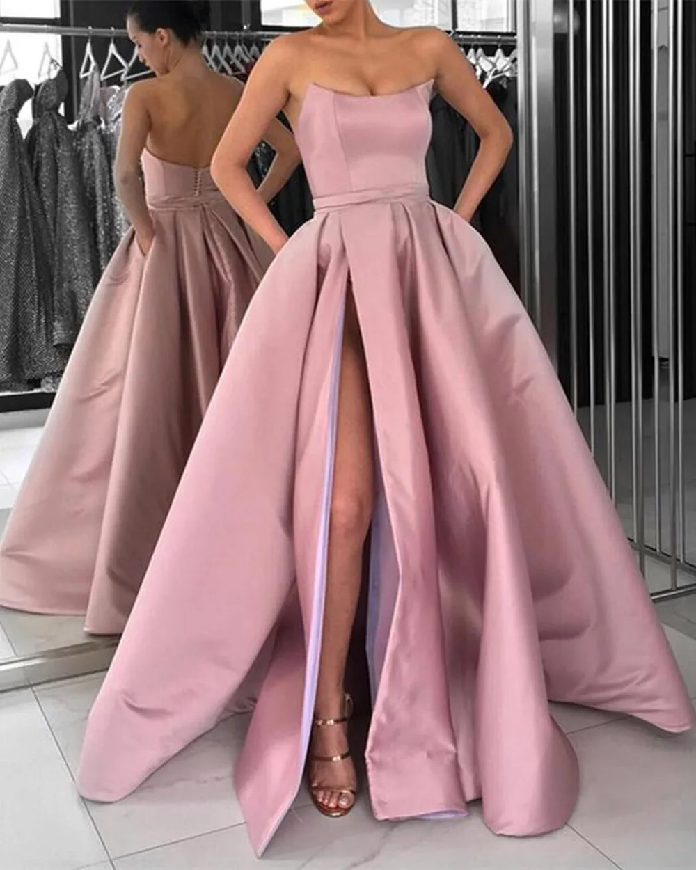 YUNUO Strapless Corset Prom Dresses Evening Gowns 2021 Side Slit robe de soiree Long Satin Party Formal Dress with Pockets Prom Dresses