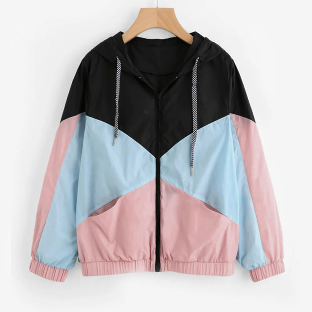

Women Windbreaker Badminton Jacket Female Multicolor Patchwork Hooded Jacket Basic Jackets Color Block Coats For Women