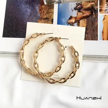 

HUANZHI 2019 Hollow Gold Metal Plated Chain Punk Geometric Irregular Hoop Earrings for Women Girl Wedding Party Jewelry