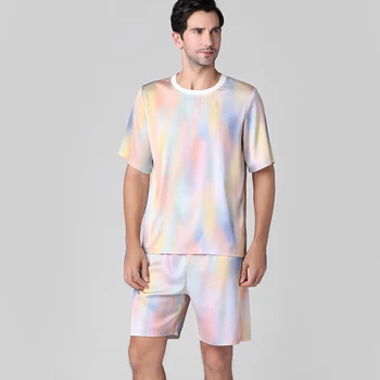 

2020 SS 2pcs set Laser color Satin silky printing mens sleepwear mens pajama set soft short sleeve comfortable nightgown men