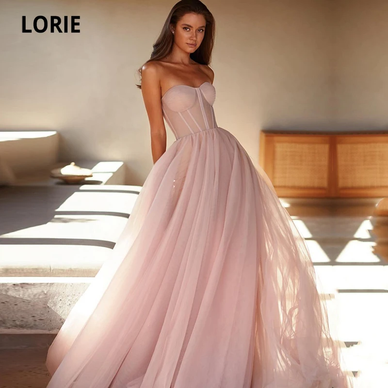 

LORIE Light Pink Prom Dresses 2021 Strapless A-Line Tulle Long Girl Evening Gown Party Celebrity Dress for Graduation