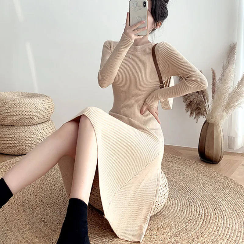 

Korean Sweater Dress Women Knitted Sweaters Dresses Women Long Sleeve Basic Dress Plus Size Woman Elastic Midi Sweater Dress XL