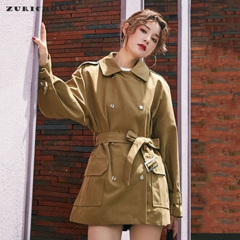 

ZURICHOUSE Fashion Women's Windbreaker Retro Lapel Design Sashes Khaki Outwear 2020 Spring Coat Woman Long Trench