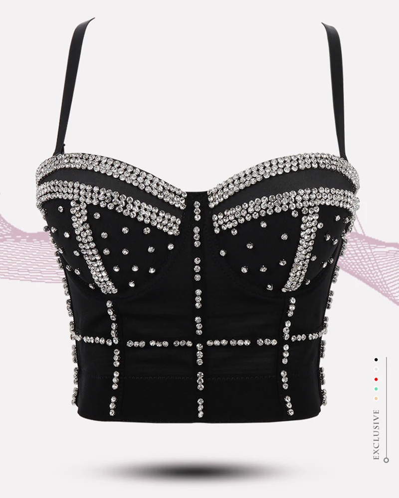 Sexy espartilho strass bustier colheita topo rave