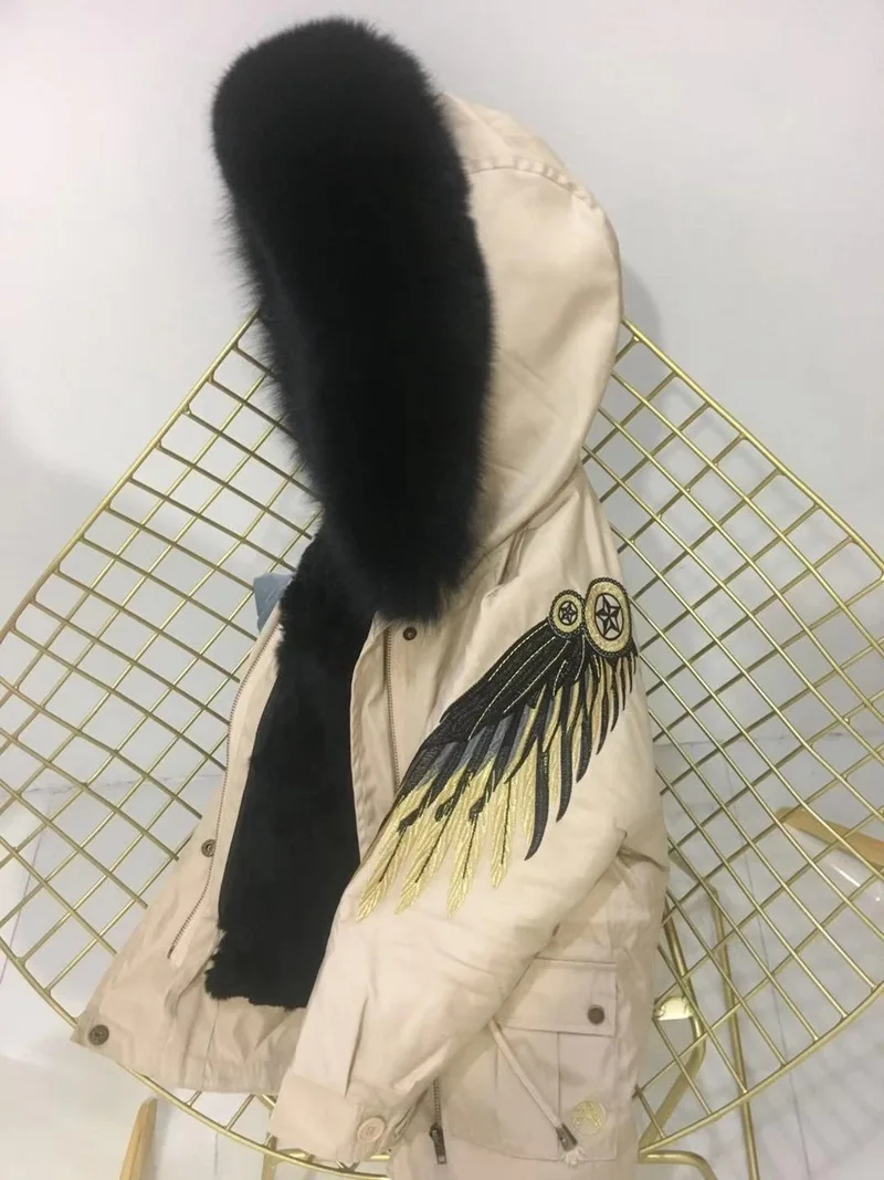 khaki black fur Детский зимний комбинезон, детская зимняя куртка и пальто для мальчиков и девочек, парки из натурального меха кролика рекс с натуральным лисьим мехом, верхняя одежда с капюшоном - Цвет: khaki black fur