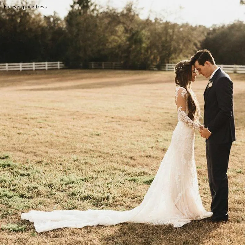 2017 Spring Summer Country Style Wedding Dresses Lace Sheer Long Sleeves Open Back Beach Bridal Gowns for Garden  105 (1)