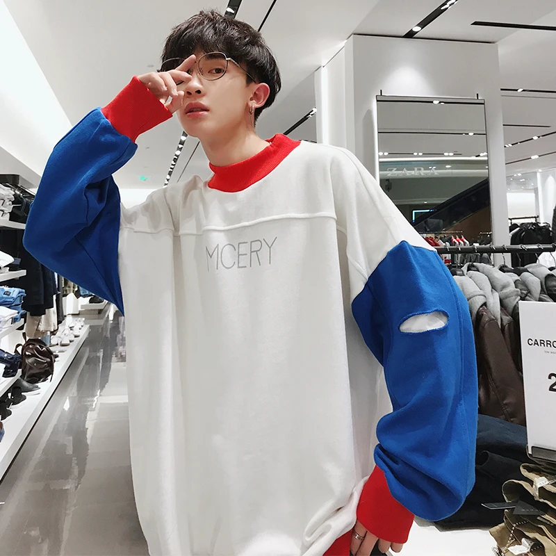 

2019 Men's Letter Printing Hoodies Hit Color Coats Male Holes Pullover Tide Cotton Casual Clothes High-quality Sweatshirts M-2XL