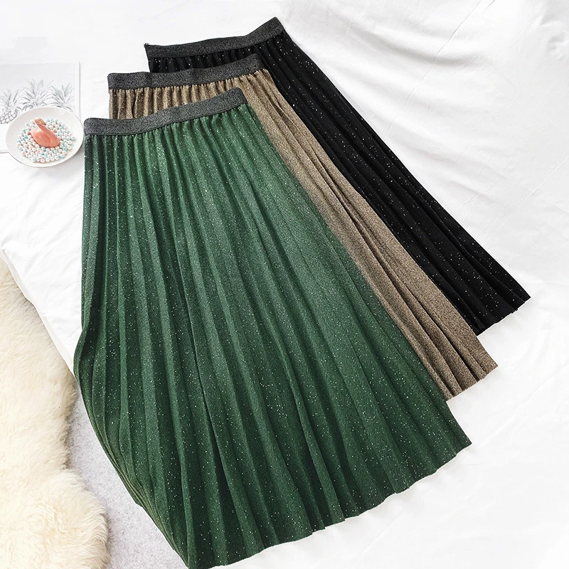 Модная блестящая вязаная длинная юбка миди с пайетками Женская осень зима Корейская элегантная Высокая талия Женская плиссированная юбка