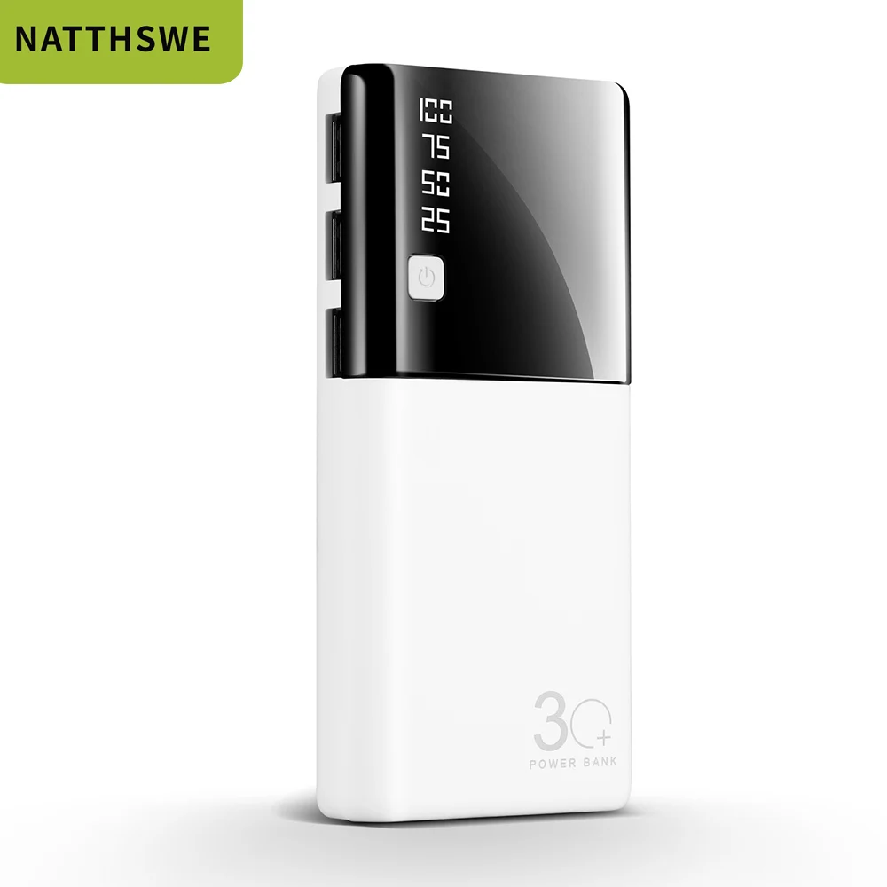 Белый NATTHSWE 20000mAh Power Bank Fast Charge Powerbank 3 USB Port Poverbank Portable External Battery Charger for iphone - Цвет: Белый