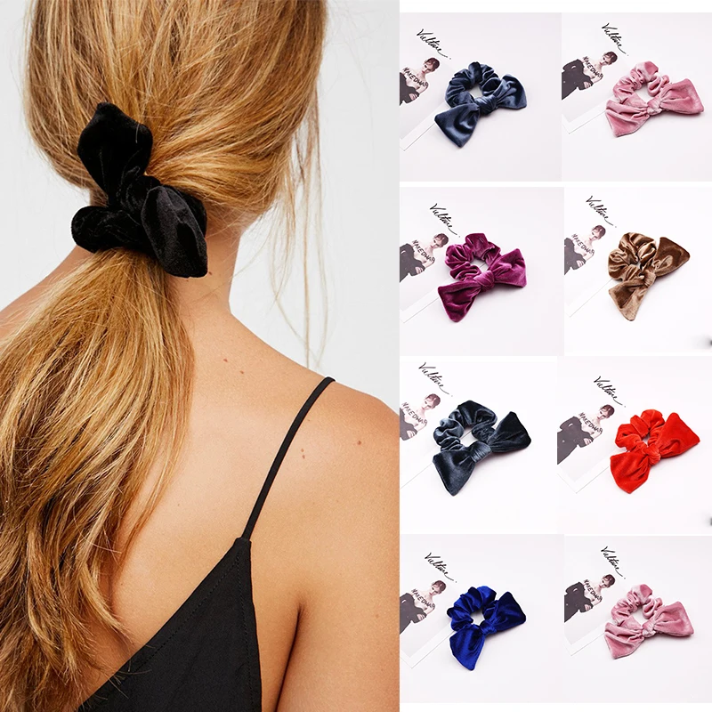 

2019 New Solid Color Scrunchies Velvet Hair Tie Bowknot Elastic Hair Band Rope for Women Girls Ponytail Holder Accessories