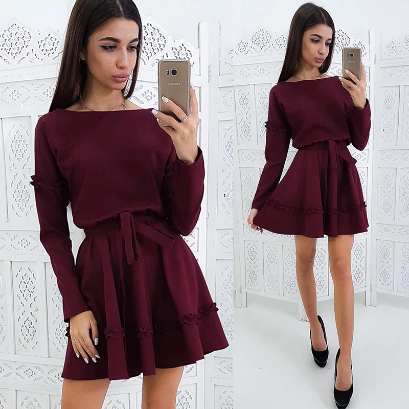 Ruffles Embellishment Sashes A-Line Women Dress Autumn Solid Color Long Sleeves Round Neck Casual Dress Mini Party Dresses Ruffles Embellishment Sashes A-Line Women Dress Autumn Solid Color Long Sleeves Round Neck Casual Dress Mini Party Dresses