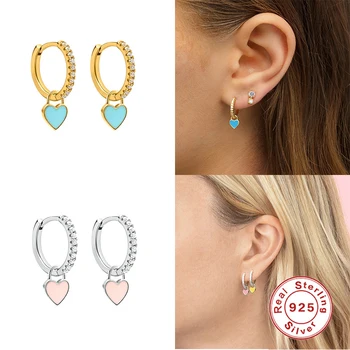 Aide 925 Sterling Silver Hoop Earrings With Cute Candy Neon Color Enamel Heart Charm Drop Earring Gold Silver Color For Girls