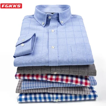 

FGKKS Men Business Casual Shirts Tops Men's Brand Square Collar Long Sleeve Solid Color Plaid Dress Shirt Male