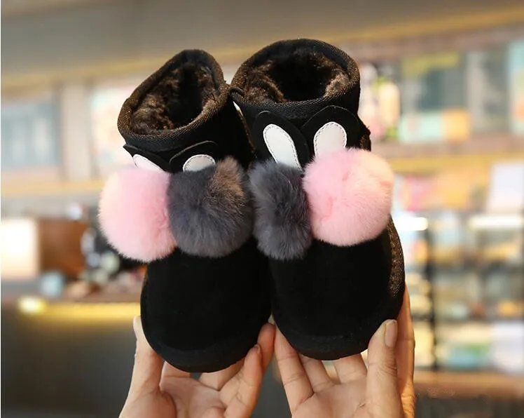 Children Winter boot Fur Warm Snow Boots Girls Cute Rabbit Hair Ball Shoes Princess Thick Plus Velvet Warm Big Children Boots