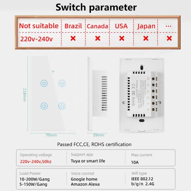 Tuya smart wall Switch US wifi+Bluetooth smart switch zero fire single fire universal Touch Switch Voice Control Light