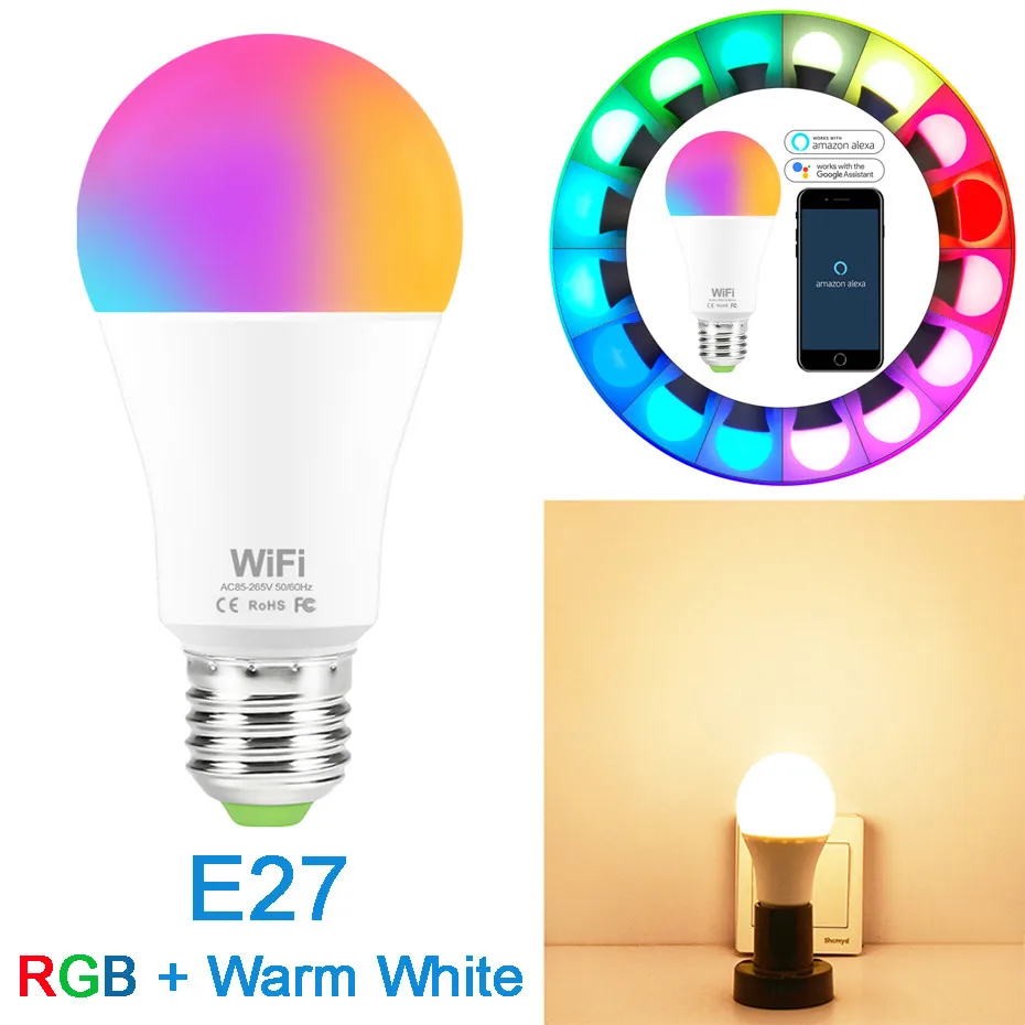 Светодиодный RGB лампочка E27 светильник с регулируемой яркостью, Wi-Fi лампочка с голосовым управлением, 15 Вт, AC85V-265V, цветная волшебная лампа для отдыха, бара, клуба, дома, ночи, умная лампа - Испускаемый цвет: E27 RGBWW