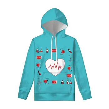 

FORUDESIGNS Women Blue Heartbeat Printed Sport Sweatshirt With hat Cusual Outdoor Hoodies Lady Long sleeve Pullover