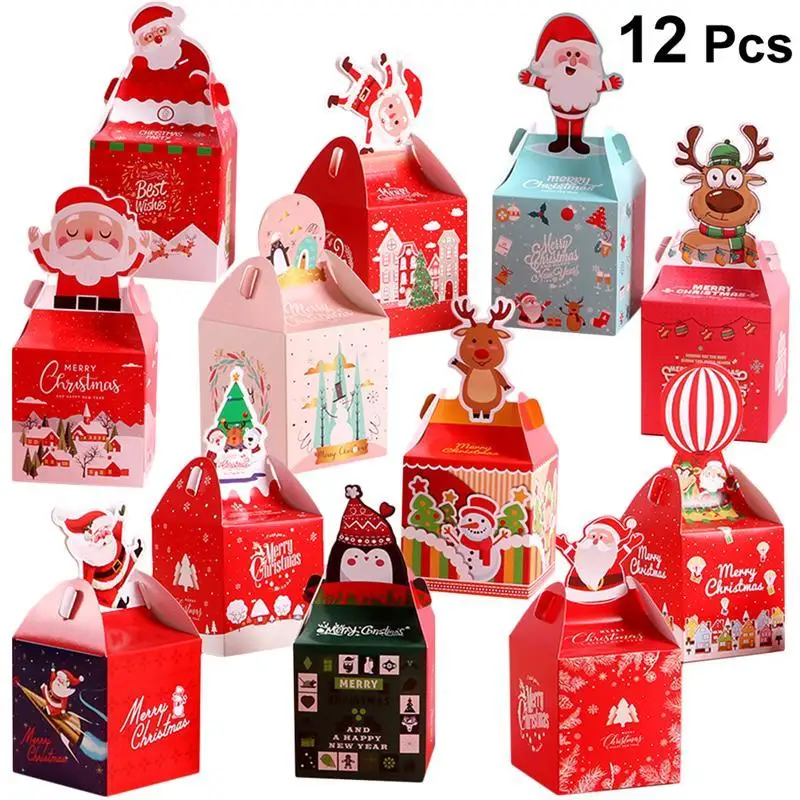 12 шт рождественские подарочные коробки с Hanlde декоративные бумажные держатели шоколада конфеты контейнеры подарочная упаковка коробки для упаковки Вечерние