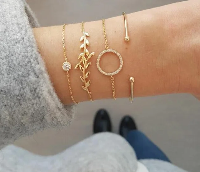 4 шт./компл. для леди, в стиле ретро, с листьями хрустальные бусины круг геометрический браслет для открытия набор подвеска Бохо пляжные вечерние ювелирные изделия аксессуары