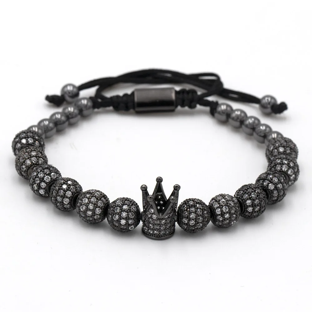 Luxury Jewelry CZ Ball Crown Charm Bracelet Copper Bead Macrame Handmade Men 3pcs Bracelets Set Bangles For Men Jewelry - Окраска металла: 8mm cz black