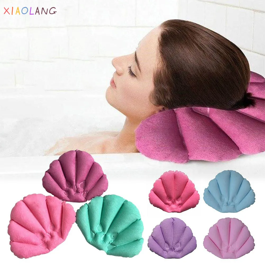 

Bath Pillow Shell Shaped Inflatable Terry Cloth Home Spa Bath Pillow With Suction Cups Neck Support Pillow Random Color Dropship