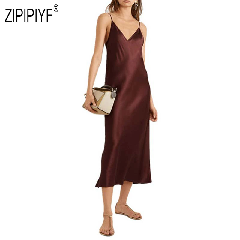 Сексуальные модные женские платья с v-образным вырезом на тонких бретельках трапециевидные длинные платья с открытой спиной сплошной шелк цвета уличные Клубные платья Z2701