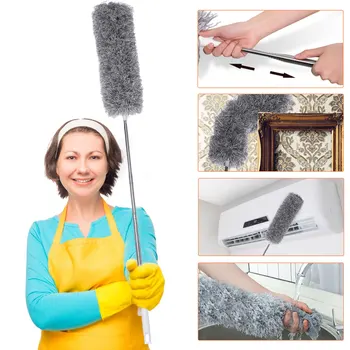 

Microfiber Duster with Super-Long Adjust Pole up to 100'' & Soft Silicone Cap Hand Duster Extendable Feather Duster Bendable