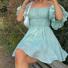 

Summer New Fashion Sweet Green Dress Y2k Ruffles Sexy Loose Mini Dress Slash Neck Lantern Sleeve Fit Tide Dresses for Women 2021