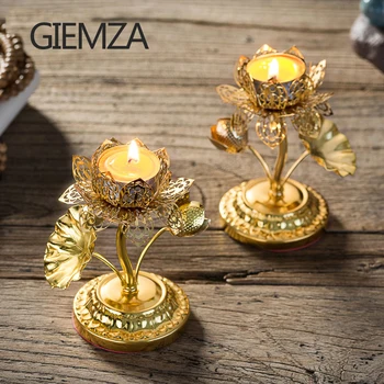 

GIEMZA Alloy Candle Holder Lotus Candlestick Flower Butter Lamp 1pc Fortunate Sacrificial Ceremony Gold-plated Lucky Kit