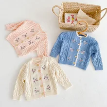 Veste avec petites fleurs brodées pour bébé fille, Cardigans en tricot, nouvelle collection automne 2021 