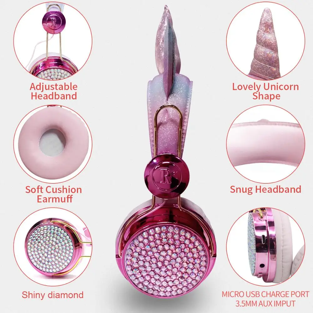 Unicorn Bluetooth 5 0 Headsets With Mic Cute Earphone Girls Kids Headphones For Laptop Cellphones PC MP3 Tablet Audio Devices