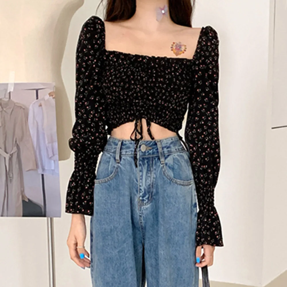 Vintage Boho Women Blouse Floral Pleated Lace-Up Square Neck Pullover Long Sleeve Slim Preppy French Romantic Casual Lady Top