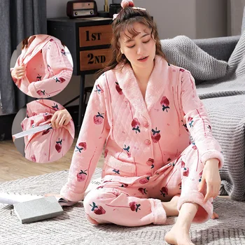 

Autumn Winter New Pregnant Women Sleepwear Maternity Pajama Cotton Nursing Pyjamas Prenatal+Postnatal Breast Feeding Nightwear