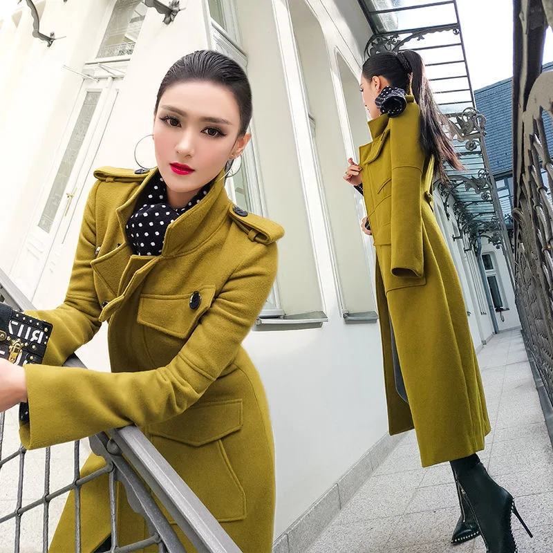 women's woolen blends vintage pockets Mid-Length jackets Outerwear female Thick Warm Korean England Overcoats | Женская одежда