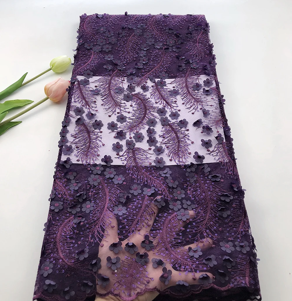 

5 Yards/pc Most popular Dark Purple french net lace fabric with 3D flower decoration african mesh lace for dress