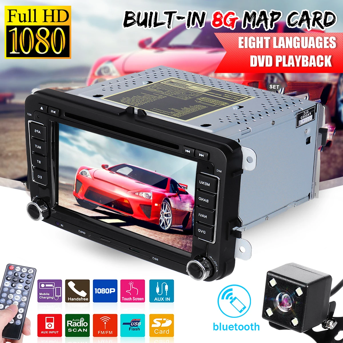 

7 Car 2 Din Multimedia bluetooth player Rear Camera DVD Radio GPS DVR RDS USB For VW Golf Bora Caddy EOS Jetta Passat SKODA
