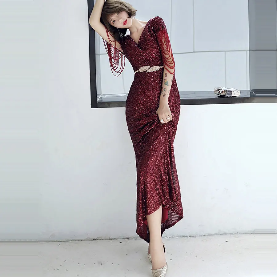 Skyyue Русалка вечернее платье с v-образным вырезом с коротким рукавом вечернее платье K033 размера плюс Robe De Soiree бургундское вечернее платье с блестками