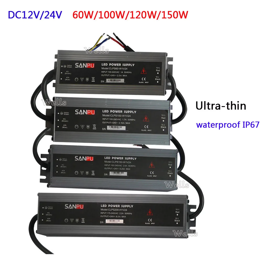 

AC110V 220V к DC12V 24V 60W/100W/120W/150W/200W светодиодный ультратонкий водонепроницаемый IP67 трансформатор питания для светодиодный светильник