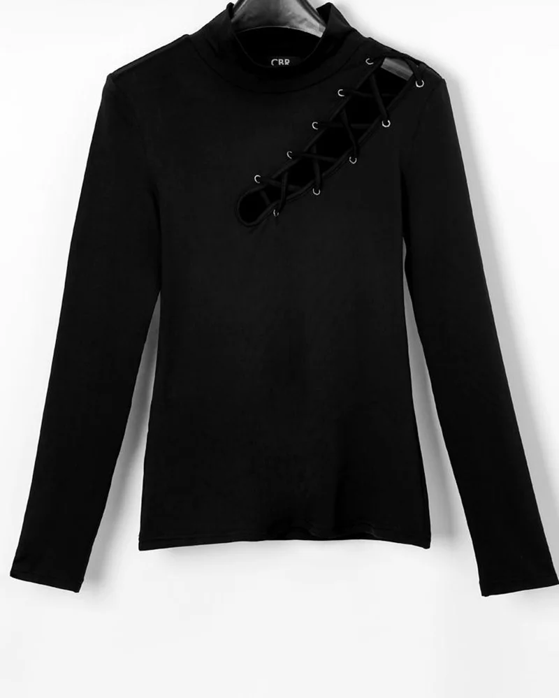 Сексуальная Женская открытая облегающая Повседневная Водолазка с длинным рукавом, черная футболка