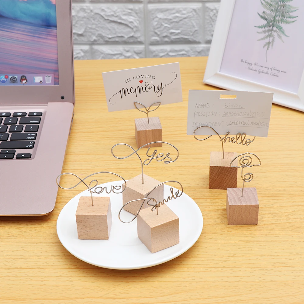 

1PC Creative Simplicity Metal Square Wooden Photo Clip Name Card Picture Frame Memo Holder Wedding Decor Desktop Ornaments