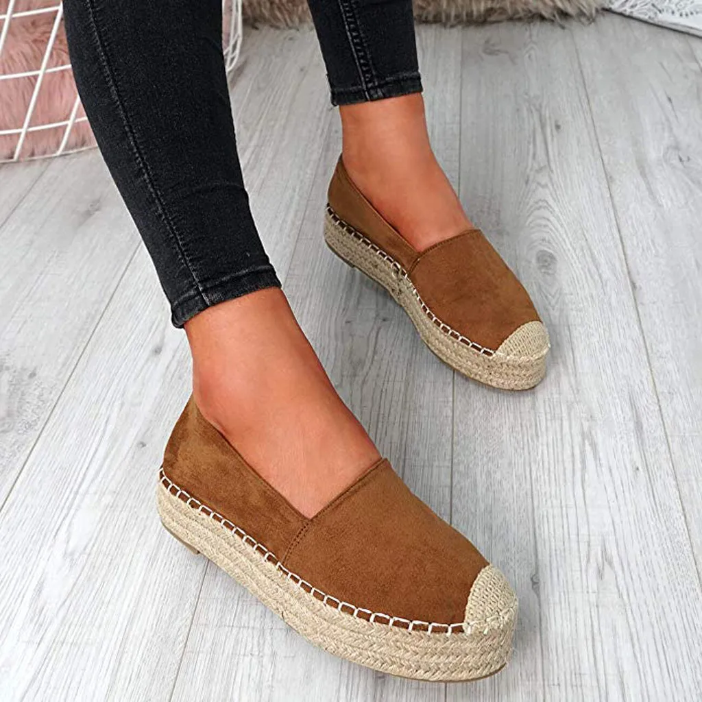 

Puimentiua Ladies Lazy Loafers Hemp Bottom Shoes Women's Pure Color Flock Platform Slip On Round Toe Casual Flats Boat Shoes