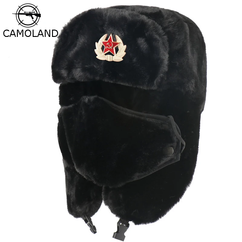 CAMOLAND Soviet Army Military Badge Bomber Hat Men Women Russia Ushanka Hats Faux Rabbit Fur Earflap Snow Caps Trapper Hats winter hat fashion hat fur hat earflap hat faux fur hat