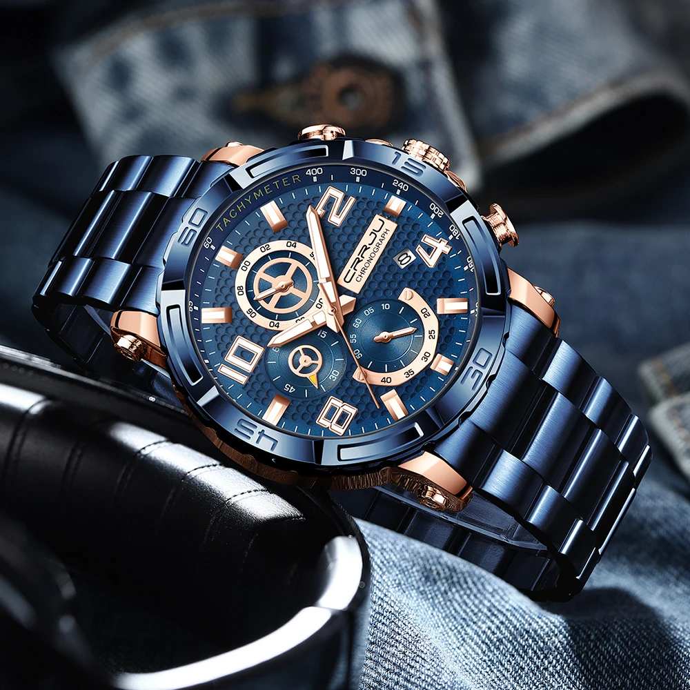 CRRJU Men Watches Big Dial Waterproof Stainless Steel with Luminous handsDate Sport Chronograph Watches Relogio Masculino