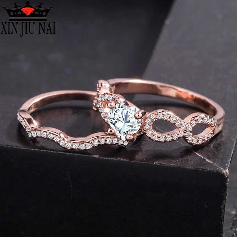 

2 pieces/set of round rose gold transparent high quality AAA zircon CZ crystal lady's ring suit female couple double rings
