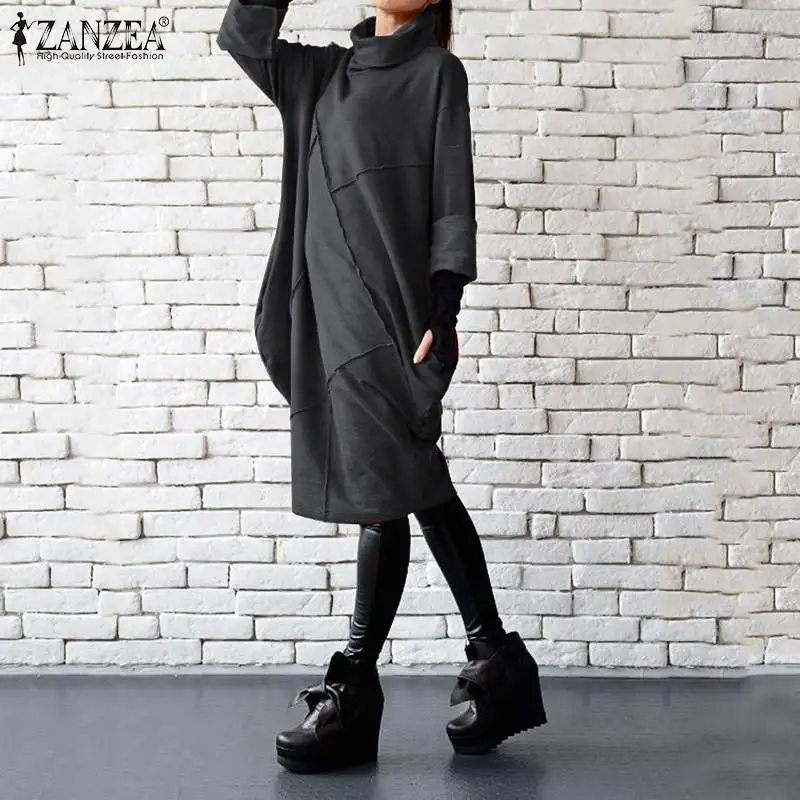 

Autumn Turtleneck Dress Women's Sundress ZANZEA 2019 Vintage Casual Long Sleeve Vestidos Female Baggy Irregular Robe Plus Size