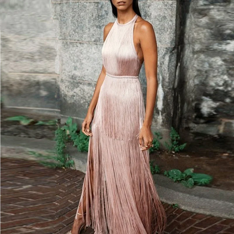 

PFFLOOK Halter Neck Backless Tassel Party Dress Sleeveless Summer Dress 2019 Elegant Party Dresses Maxi Bodycon Vestidos Femme