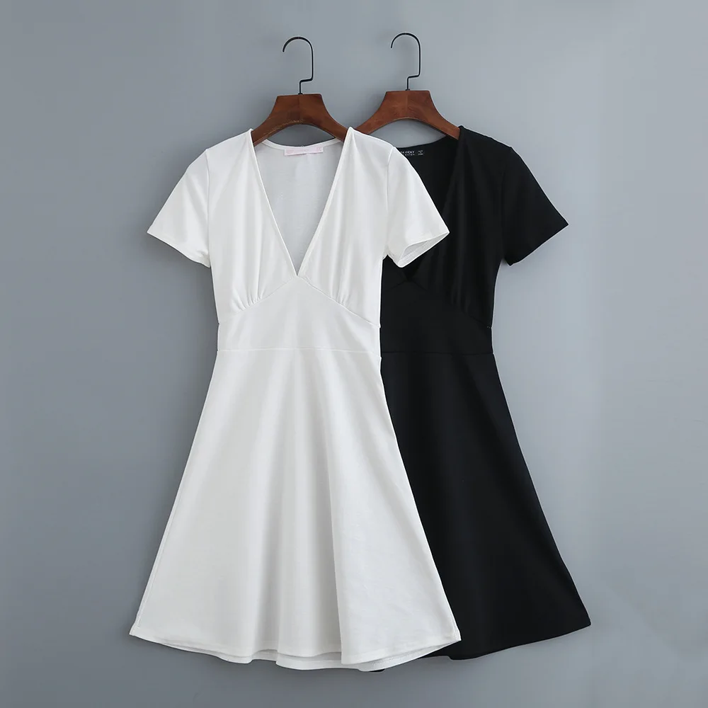 

2019 Spring Europe And America WOMEN'S Dress New Style V-neck Long Solid Color Short-sleeve Dress 064