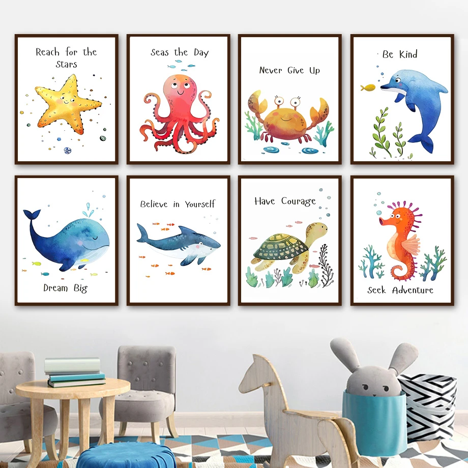 子供部屋の装飾のための サメ タコ ヒトデ ポスターと北欧のプリントが施された壁の芸術 Painting Calligraphy Aliexpress