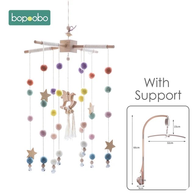 Bopoobo 1set Silicone Beads Baby Mobile Beech Wood Bird Rattles Wool Balls Kid Room Bed Hanging Decor Nursing Children Products Set 6